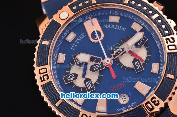 Ulysse Nardin Maxi Marine Diver Chrono OS20 Miyota Quartz Rose Gold Case with Blue Dial and Blue Rubber Strap - 7750 Coating - Click Image to Close